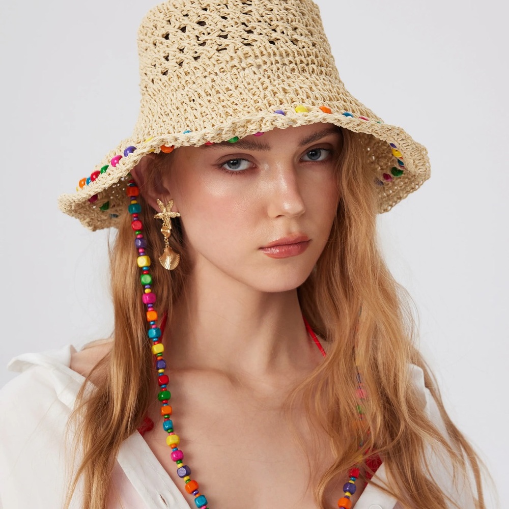Cider Beige Beaded Straw Hat